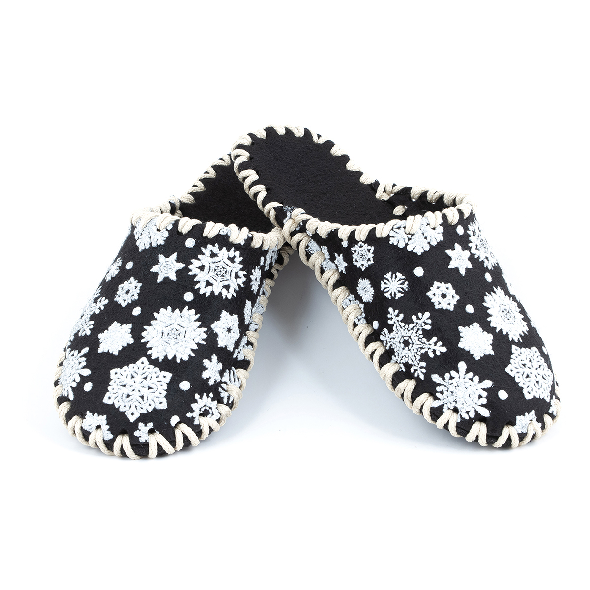 Комнатные тапочки фетровые в снежинки чёрные