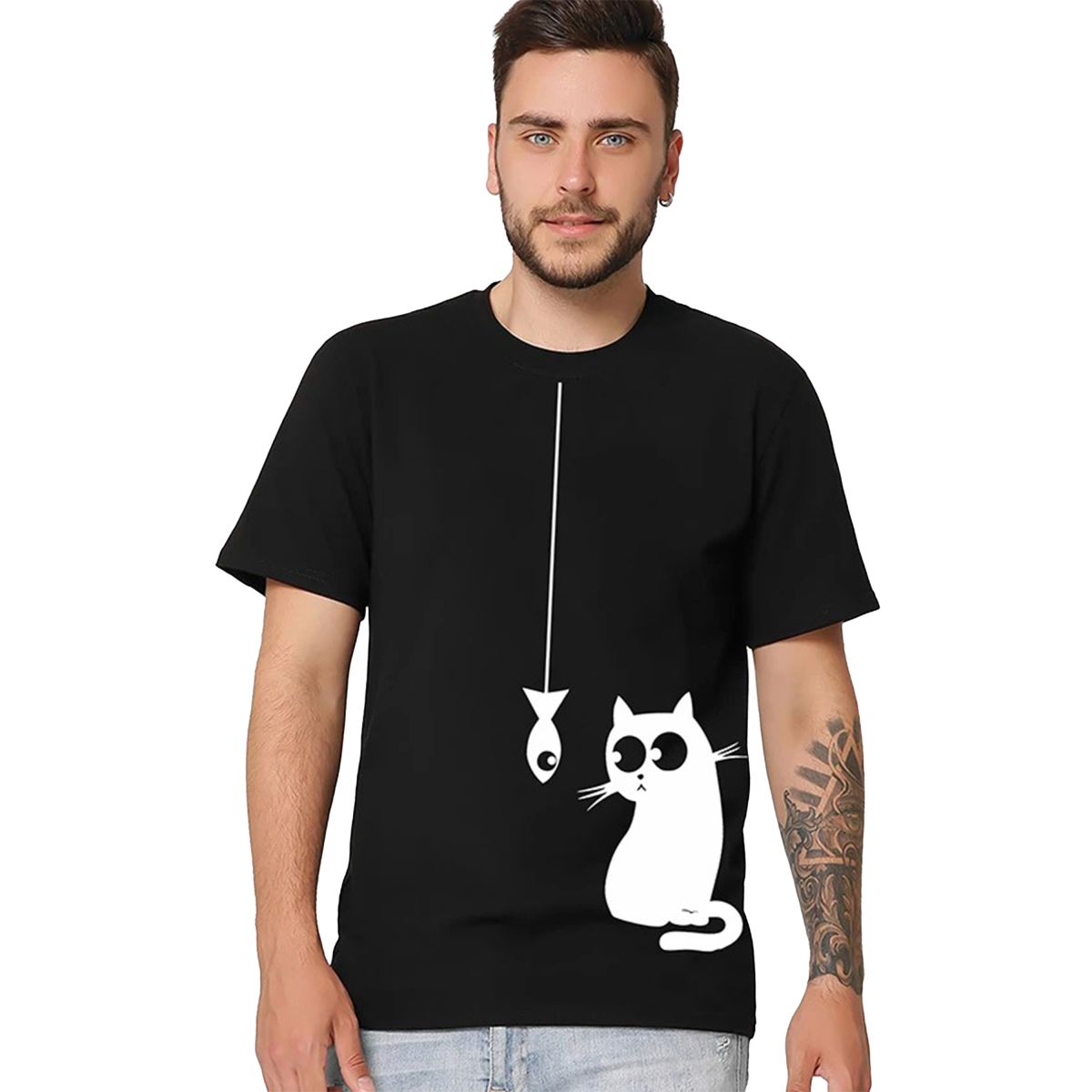 Футболка чоловіча чорна з принтом Cat & Fish