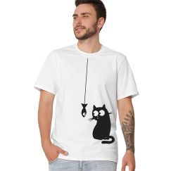 Футболка чоловіча біла з принтом Cat & Fish