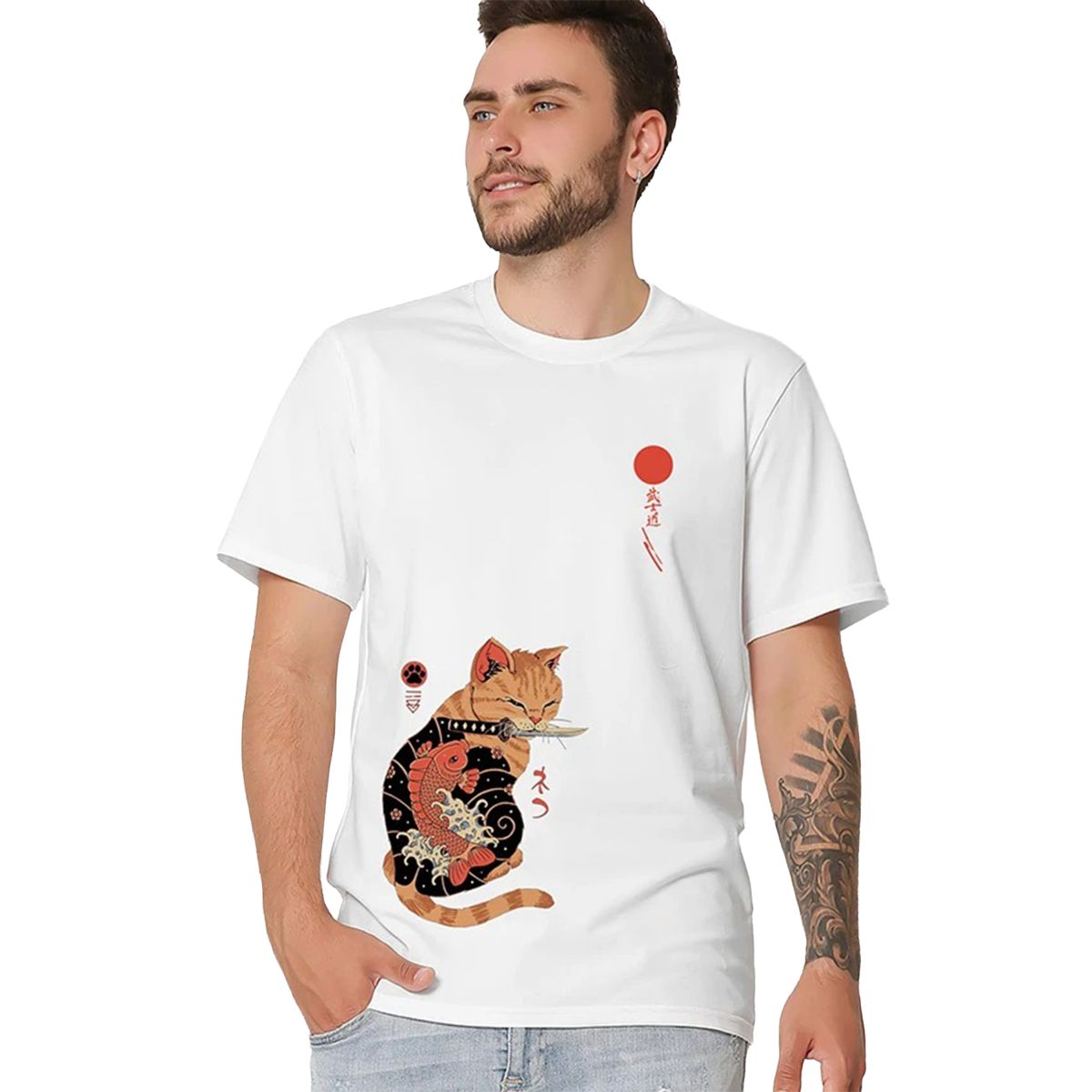 Футболка чоловіча біла з принтом Cat Japan
