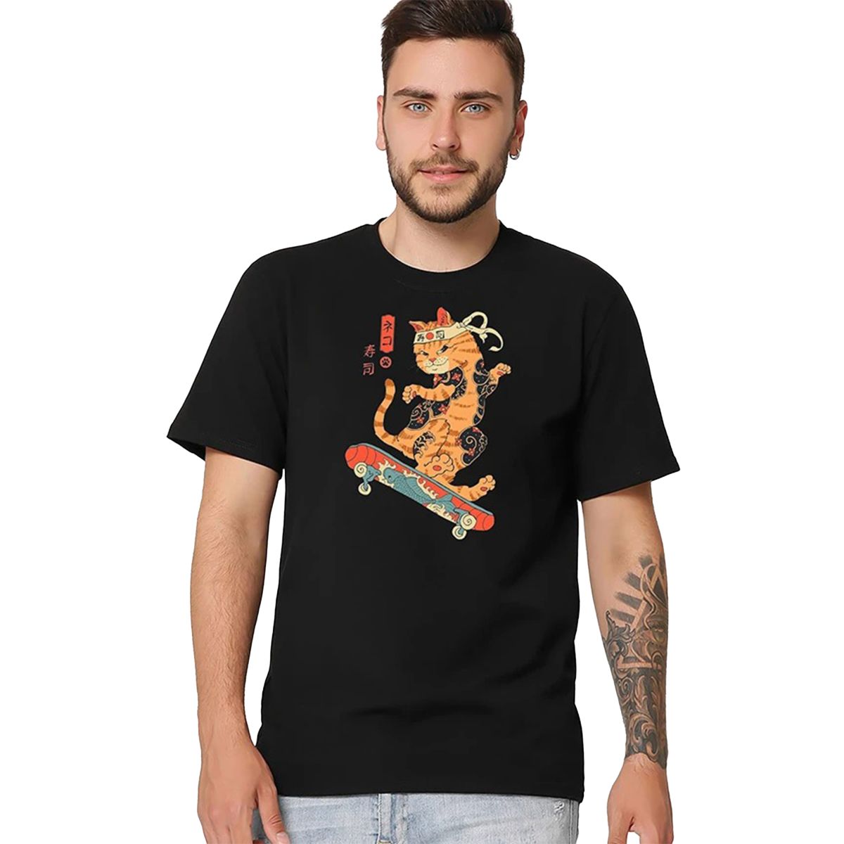 Футболка чоловіча чорна з принтом Cat Skate