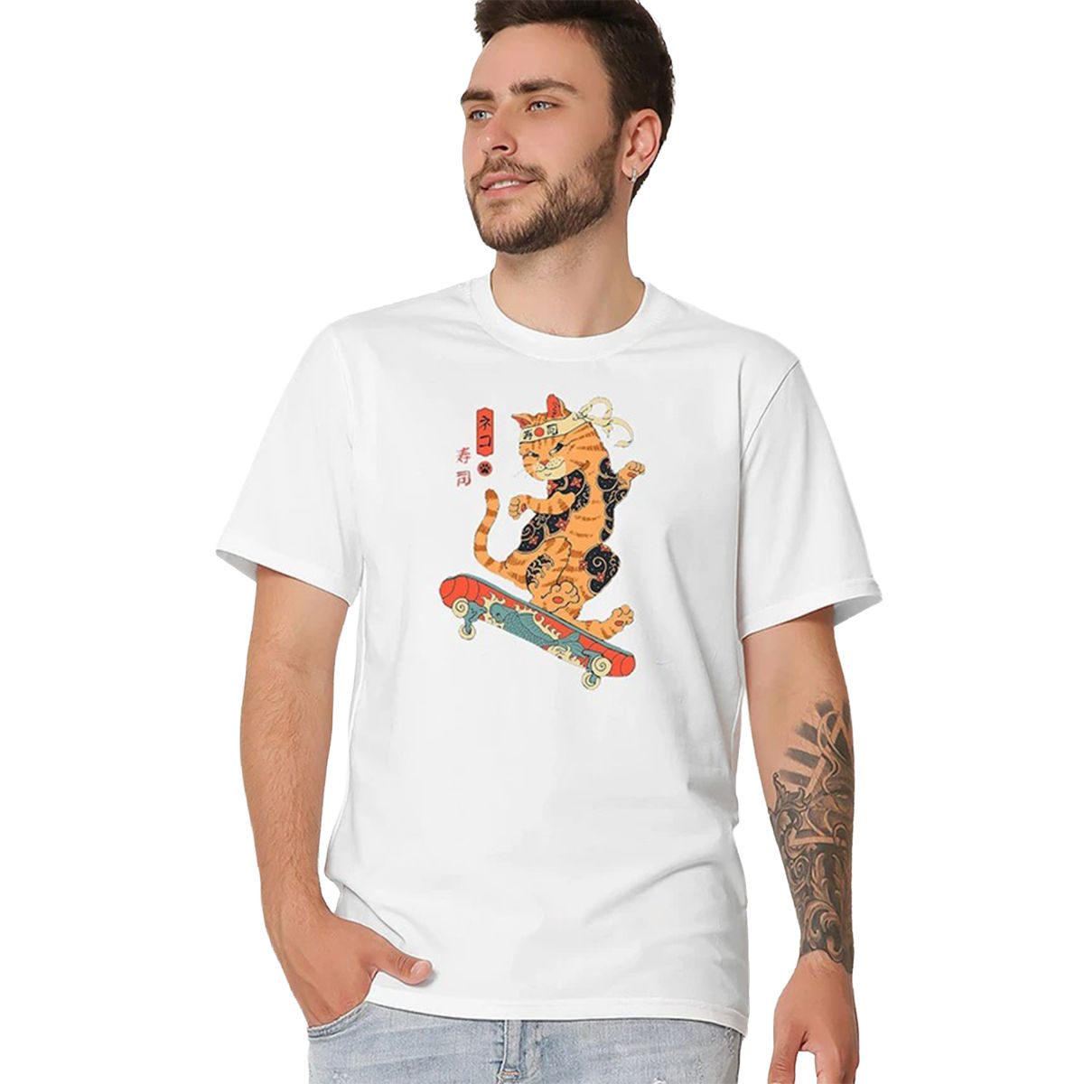 Футболка чоловіча біла з принтом Cat Skate