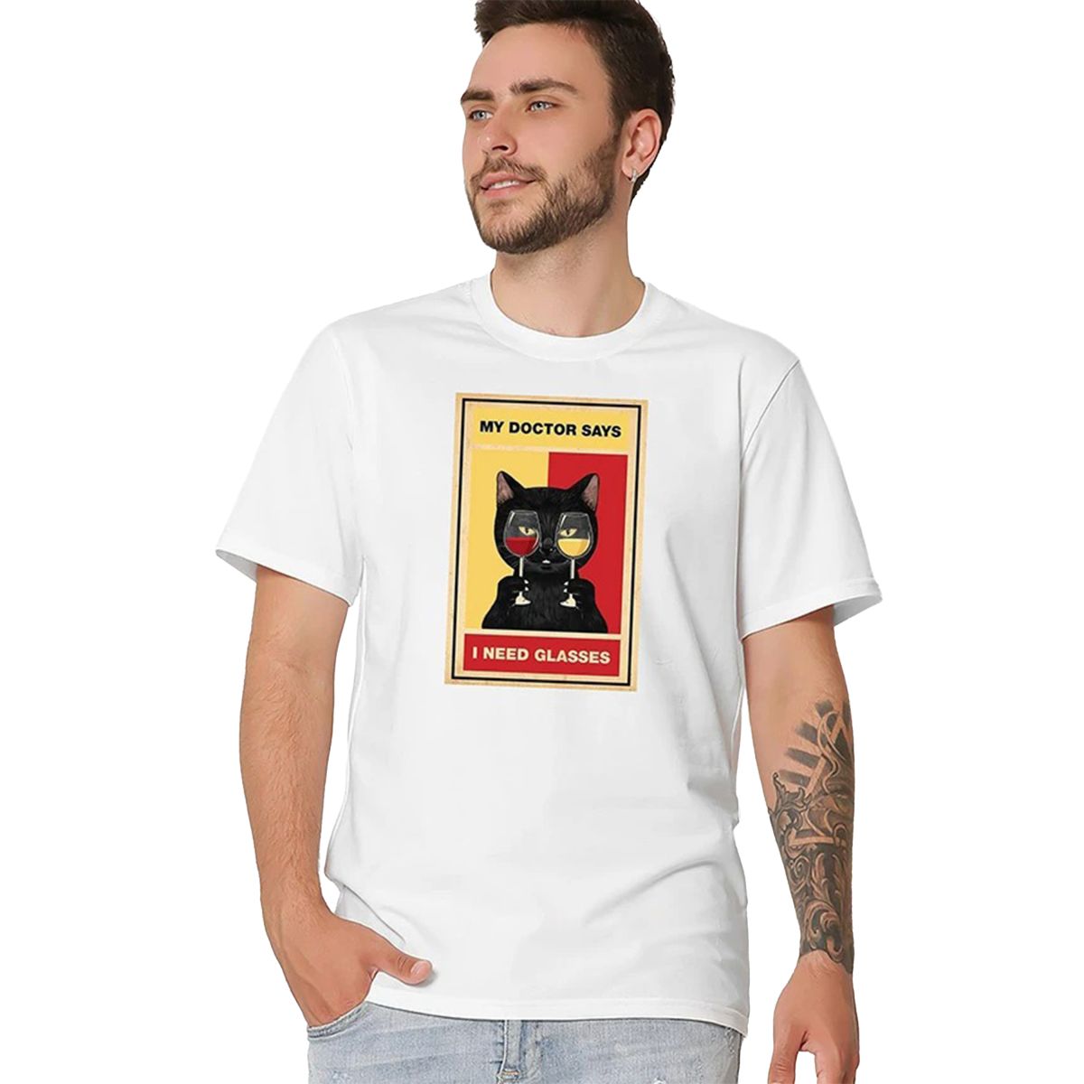 Футболка чоловіча біла з принтом Wine Cat
